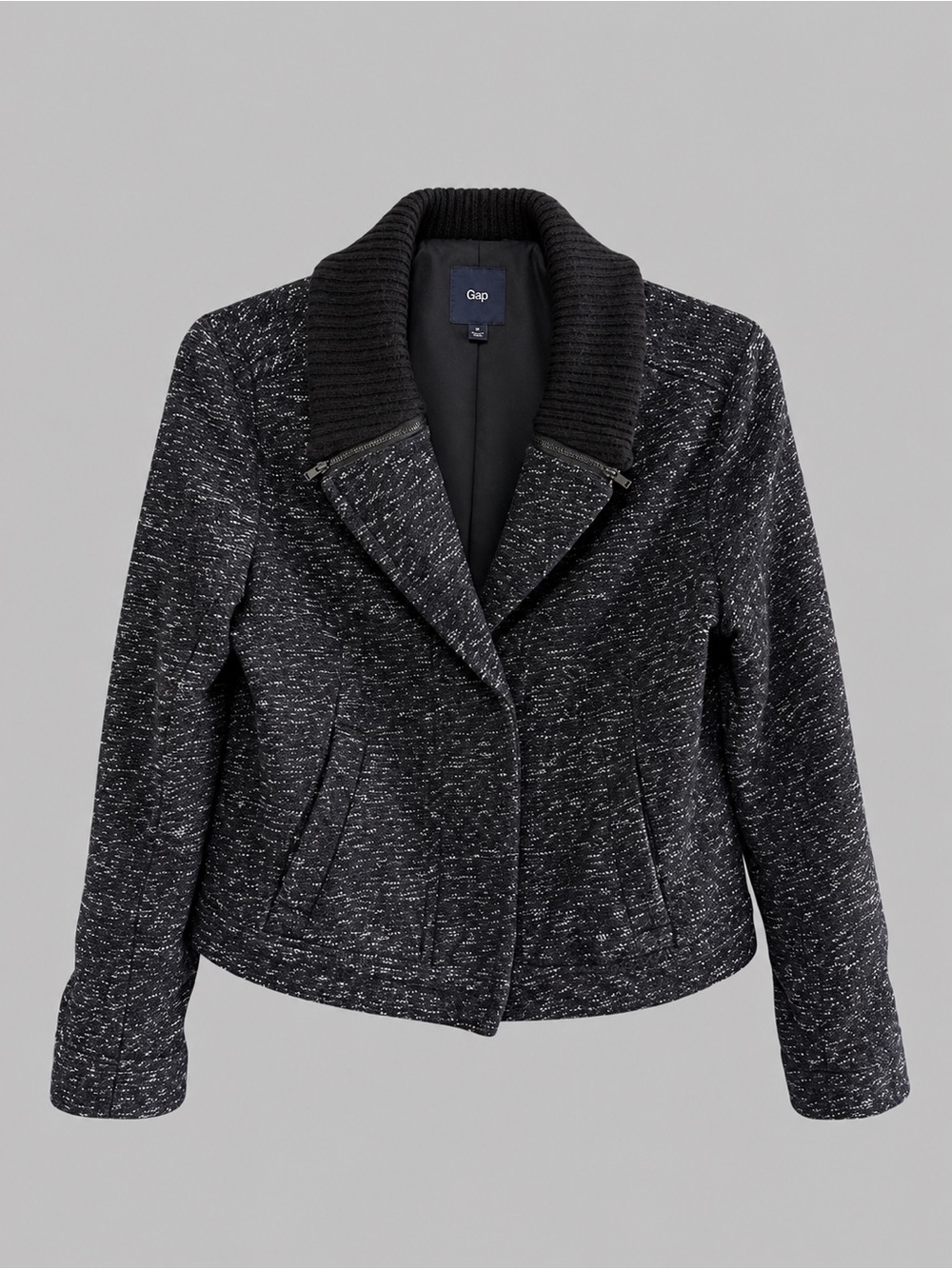 Gap Wool Blend Tweed Moto Jacket Ribbed Collar Black Gray M